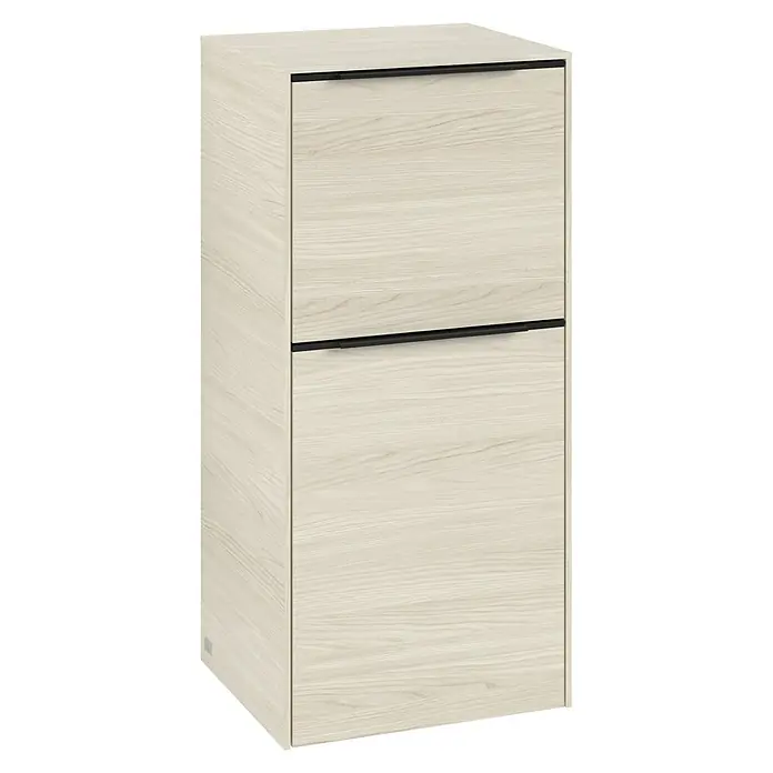 Villeroy & Boch Subway 3.0 Seitenschrank - B x T x H: 40 x 36,2 x 86 cm, White Oak, DIN Anschlag: Links, Farbe Griff: Volcano Black - Ein moderner Schuhschrank in heller Holzoptik mit zwei Schubladen und schwarzen Griffen, ideal für die stilvolle Aufbewahrung von Schuhen.