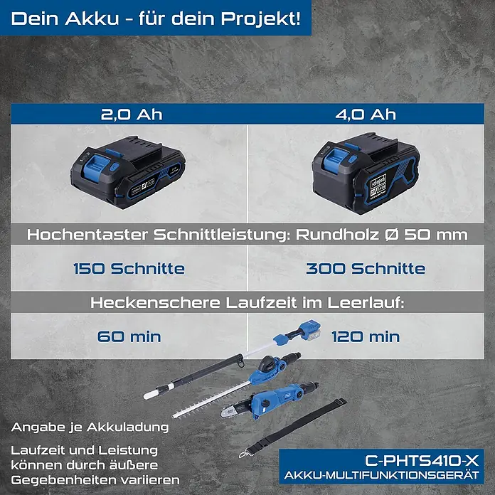 Scheppach IXES 20V Akku-Multitool C-PHTS410-X Set S - 1 Akku, Schnittlänge: 18 cm - Scheppach Akku-Multifunktionsgerät C-PHTS410-X mit 2,0 Ah und 4,0 Ah Akku für längere Laufzeit.