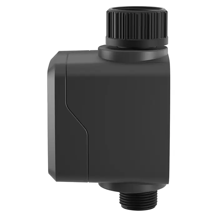 Homematic IP Bewässerungsautomat HmIP-WSM - Betriebsdruck: 0,9 bar - 9 bar, Durchflusssensor: 2 - 45 L/min - Produktansicht eines schwarzen Bewässerungsreglers mit Gewindeanschlüssen für eine einfache Installation.