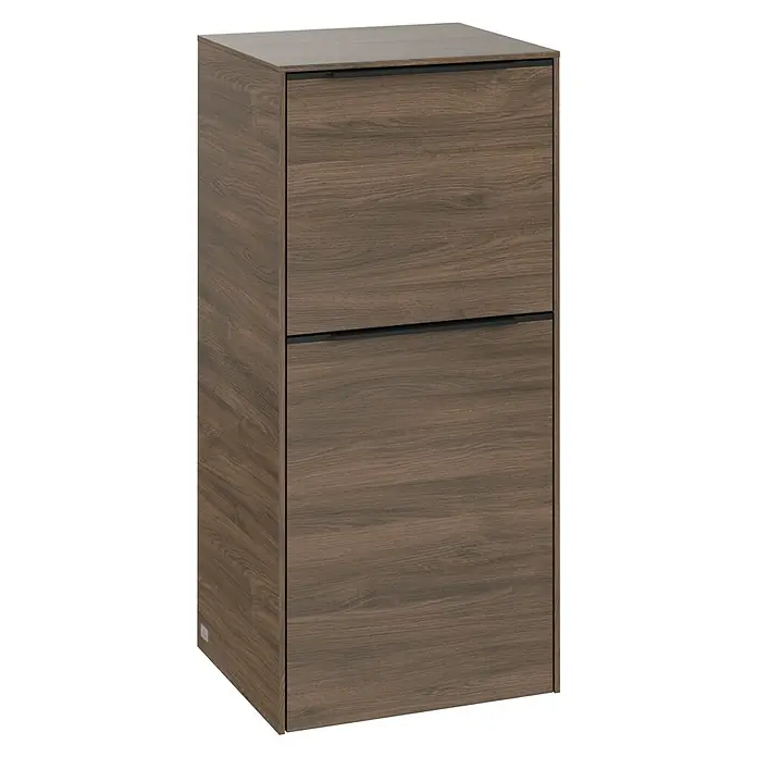 Villeroy & Boch Subway 3.0 Seitenschrank - B x T x H: 40 x 36,2 x 86 cm, Arizona Oak, DIN Anschlag: Links, Farbe Griff: Volcano Black - Abbildung eines modernen Holzschuhschranks mit zwei Fächern, der eine stilvolle und funktionale Aufbewahrungslösung bietet.