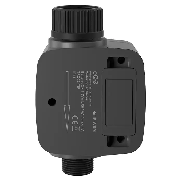 Homematic IP Bewässerungsautomat HmIP-WSM - Betriebsdruck: 0,9 bar - 9 bar, Durchflusssensor: 2 - 45 L/min - Nahaufnahme eines eQ-3 Bewässerungsaktuators, der eine detaillierte Ansicht des Geräts und seiner Spezifikationen bietet.