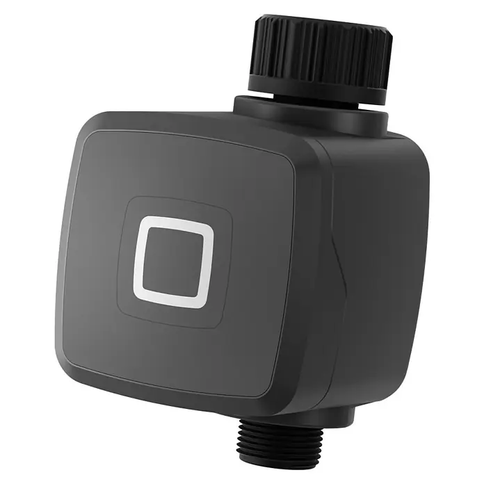 Homematic IP Bewässerungsautomat HmIP-WSM - Betriebsdruck: 0,9 bar - 9 bar, Durchflusssensor: 2 - 45 L/min - Draufsicht auf einen grauen, elektronischen Wasserhahn-Timer mit einem quadratischen Bildschirm mit weißem Rand.