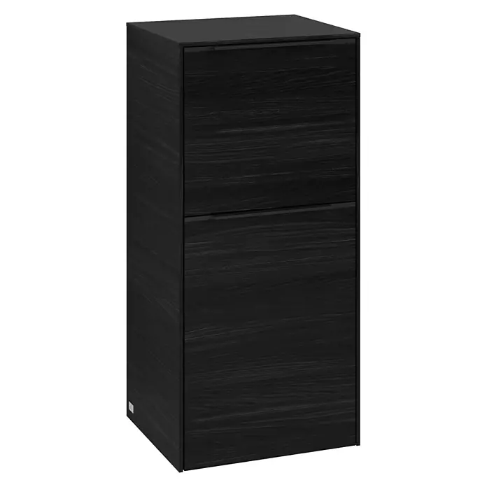 Villeroy & Boch Subway 3.0 Seitenschrank - B x T x H: 40 x 36,2 x 86 cm, Black Oak, DIN Anschlag: Links, Farbe Griff: Volcano Black - Eleganter, schwarzer Schuhschrank mit zwei Kippfächern und feiner Holzstruktur für stilvolle Aufbewahrungslösungen im Eingangsbereich.