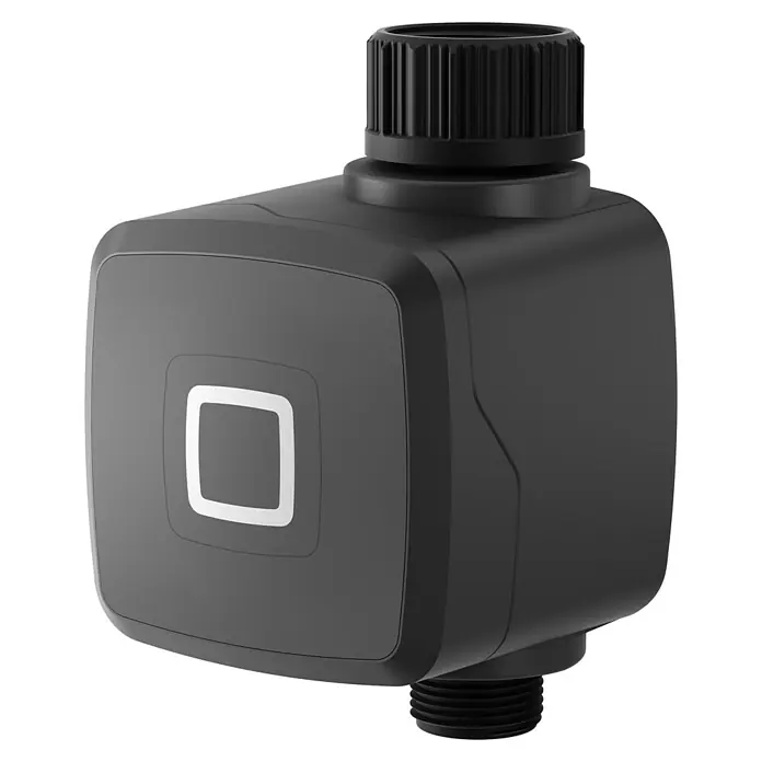Homematic IP Bewässerungsautomat HmIP-WSM - Betriebsdruck: 0,9 bar - 9 bar, Durchflusssensor: 2 - 45 L/min - Eine Nahaufnahme eines schwarzen, intelligenten Bewässerungscontrollers mit einem quadratischen Display.