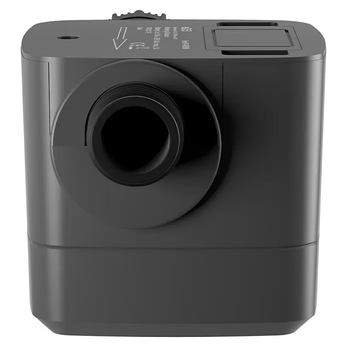 Homematic IP Bewässerungsautomat HmIP-WSM - Betriebsdruck: 0,9 bar - 9 bar, Durchflusssensor: 2 - 45 L/min - Nahaufnahme eines schwarzen Wasserzählers mit einem runden Anschluss und einem rechteckigen Deckel oben.