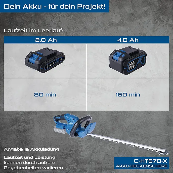 Scheppach IXES 20V Akku-Heckenschere C-HT570-X Set S - 20 V, Li-Ionen, 1 Akku, Schnittlänge: 51 cm - Akku-Heckenschere C-HT570-X mit verschiedenen Akkus und Laufzeiten. Ideal für dein Projekt!