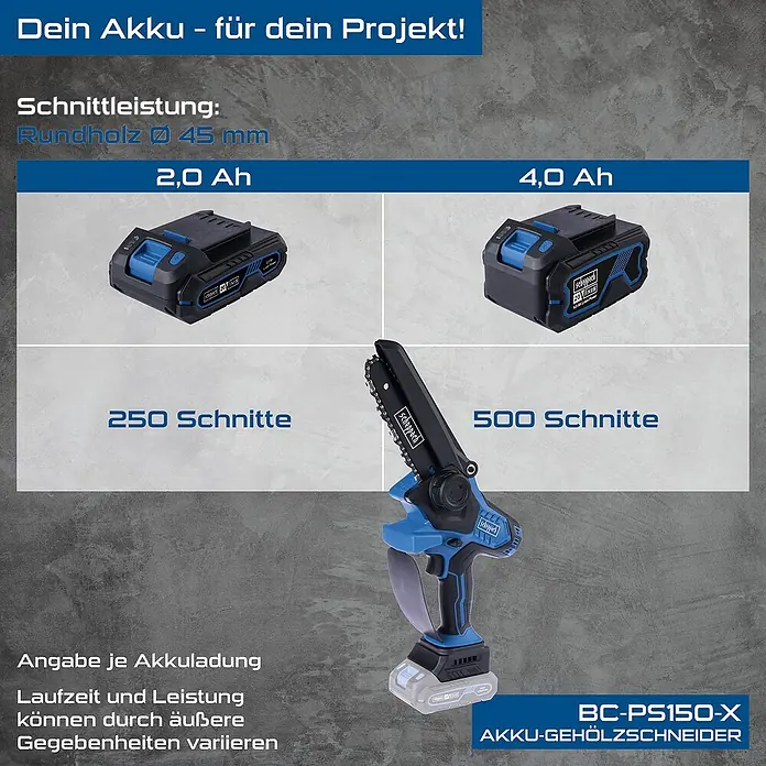 Scheppach IXES 20V Einhand-Akku-Kettensäge BC-PS150-X Set S - 20 V, 2 Ah, Li-Ionen, 1 Akku - Der Scheppach BC-PS150-X Akku-Gehölzschneider mit Informationen zur Schnittleistung mit 2,0 Ah und 4,0 Ah Akkus.