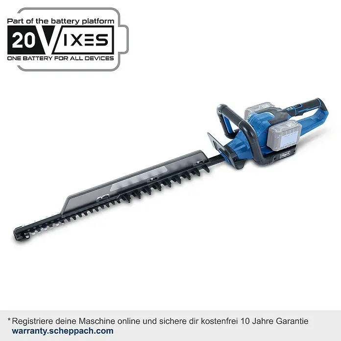 Scheppach IXES 20V Akku-Heckenschere BC-HT720-X Set S2 - 40 V, Li-Ionen, 2 Akkus, Schnittlänge: 65 cm - Abbildung einer Akku-Heckenschere von Scheppach, ideal für den kabellosen Gartenschnitt. Teil der 20 VIXES Akku-Plattform.