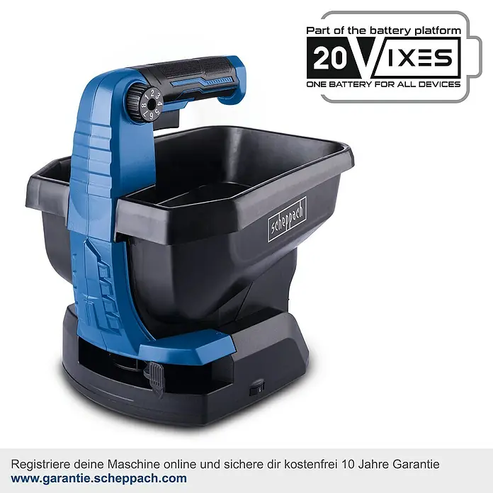 Scheppach IXES 20V Akku-Handstreuer C-GSP800-X Set S - 20 V, 2 Ah, 1 Akku - Abbildung eines Scheppach Akku-Streuwagens, ideal für Gärten. Erleichtert das Ausbringen von Saatgut und Dünger.