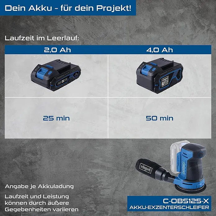 Scheppach IXES 20V Akku-Exzenterschleifer C-OBS125-X - 20 V, Durchmesser Schleifscheibe: 125 mm - Akku-Exzenterschleifer C-OBS125-X von Scheppach mit Laufzeitangaben für 2,0 Ah (25 min) und 4,0 Ah (50 min) Akkus.