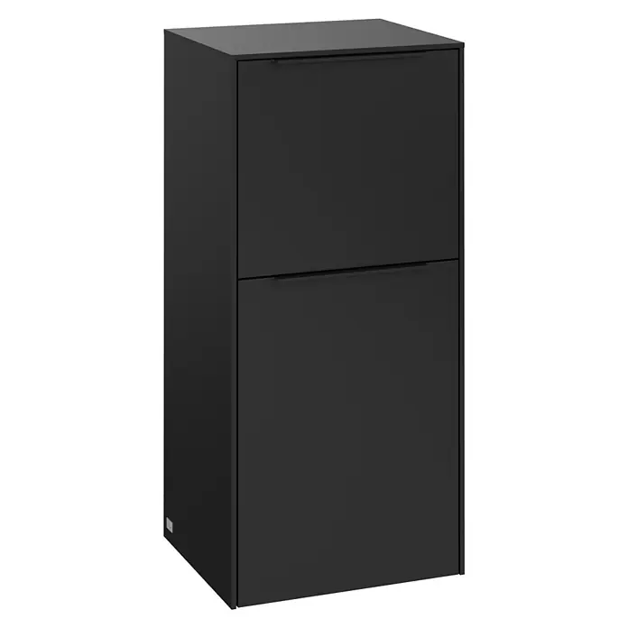 Villeroy & Boch Subway 3.0 Seitenschrank - B x T x H: 40 x 36,2 x 86 cm, Volcano Black, DIN Anschlag: Links, Farbe Griff: Volcano Black - Ein eleganter schwarzer Schuhschrank mit zwei Fächern und Griffen, perfekt für die Aufbewahrung von Schuhen im Flur oder Eingangsbereich.