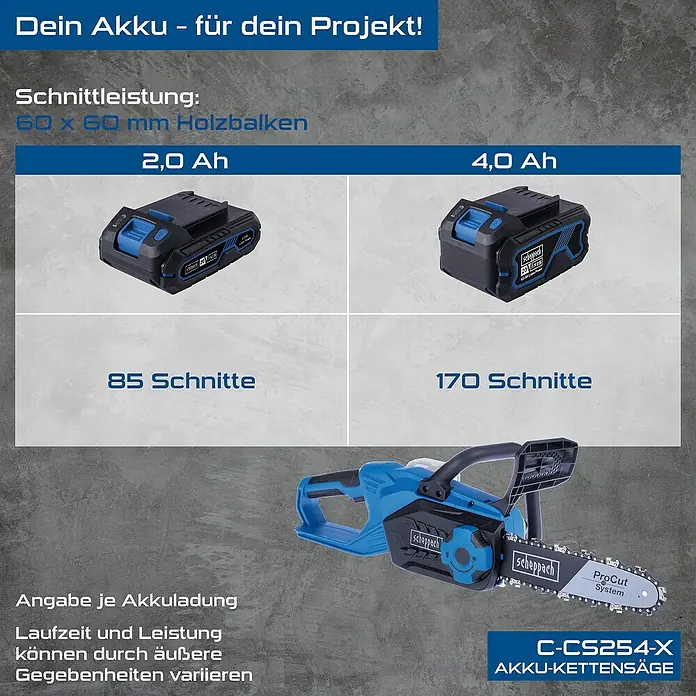 Scheppach IXES 20V Akku-Kettensäge C-CS254-X Set L - 20 V, 4 Ah, Li-Ionen, 1 Akku, Schwertlänge: 20 cm - Akku-Kettensäge C-CS254-X von Scheppach mit 2.0 Ah und 4.0 Ah Akku für bis zu 170 Schnitte. Ideal für Gartenarbeiten und Projekte.