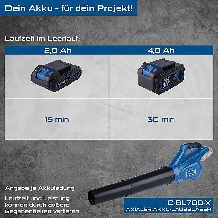 Scheppach IXES 20V Akku-Laubbläser C-BL700-X Set S - 20 V, 1 Akku, 2 Ah, Blasgeschwindigkeit: 32 m/s - 155 km/h, Blasleistung: 516 m³/h - Akku-Laufzeit-Vergleich: 2,0 Ah Akku für 15 min, 4,0 Ah Akku für 30 min. Dazu der Scheppach C-BL700-X Akku-Laubbläser.