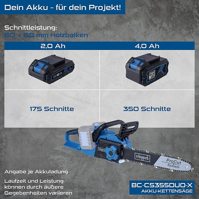 Scheppach IXES 20V Akku-Kettensäge BC-CS355DUO-X (40 V, Ohne Akku, Schwertlänge: 35,6 cm) | BAUHAUS