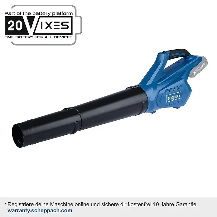 Scheppach IXES 20V Akku-Laubbläser C-BL700-X Set S - 20 V, 1 Akku, 2 Ah, Blasgeschwindigkeit: 32 m/s - 155 km/h, Blasleistung: 516 m³/h - Akkubetriebener Laubbläser von Scheppach, Teil der 20V-VIXES-Plattform, für kabellose Gartenarbeit mit hoher Flexibilität und Leistung.