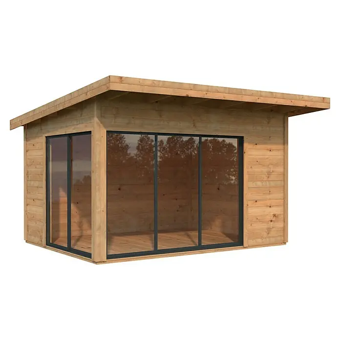 Palmako Gartenhaus Andrea Slide - Außenmaß inkl. Dachüberstand (B x T): 434 x 402 cm, Tauchgrundiertes Holz, Hellbraun - Holzgartenhaus mit Flachdach und großen Glasfronten. Das Gartenhaus bietet viel Platz und ist ideal für den Garten.