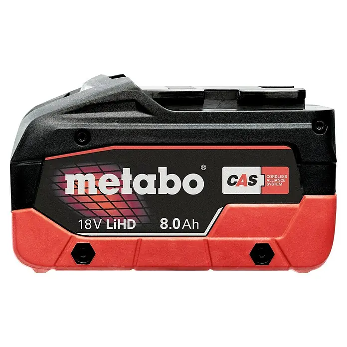 Metabo CAS 18V Akku - 18 V, 8 Ah, Li-Ionen - Abbildung eines Metabo 18V LiHD 8.0 Ah Akkus für kabellose Elektrowerkzeuge, mit roter und schwarzer Farbgebung und CAS-Logo.