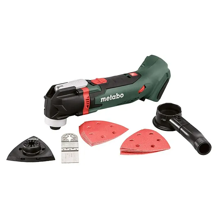 Metabo CAS 18V Akku-Multifunktionswerkzeug MT 18 LTX - 18 V - Metabo Multifunktionswerkzeug mit Zubehör. Das Bild zeigt das Elektrowerkzeug und verschiedene Aufsätze für unterschiedliche Anwendungen.