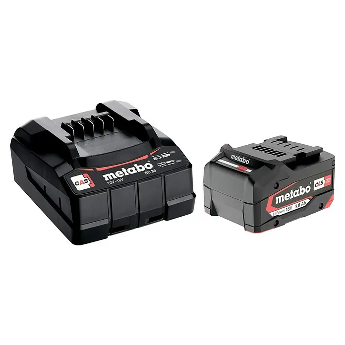 Metabo CAS 18V Akku & Ladegerät Basis-Set - 18 V, 1 Akku, 4 Ah - Abbildung eines Metabo SC 36 Akku-Ladegeräts und eines Li-Power 18V 4.0 Ah Akkus, beide in Schwarz mit roten Akzenten und dem CAS-Logo.
