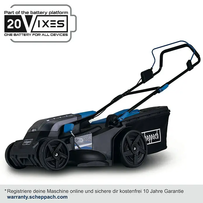 Scheppach IXES 20V Akku-Rasenmäher BC-MP430-X Set XL2 - 20 V, 2 Akkus, 4 Ah, Schnittbreite: 430 mm - Abbildung eines Akku-Rasenmähers von Scheppach.