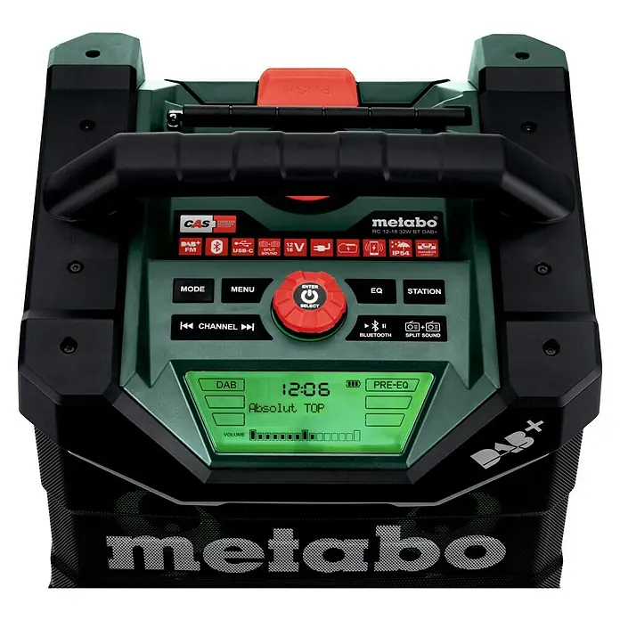 Metabo CAS 18V Akku-Baustellenradio RC 12-18 32 W BT DAB+ - 18 V, 87,5 - 108,0 kHz (FM) - Das Metabo RC 12-18 32W BT DAB+ Baustellenradio: Robust, vielseitig & mit starkem Sound für Baustelle oder Werkstatt. Top Klangqualität garantiert!