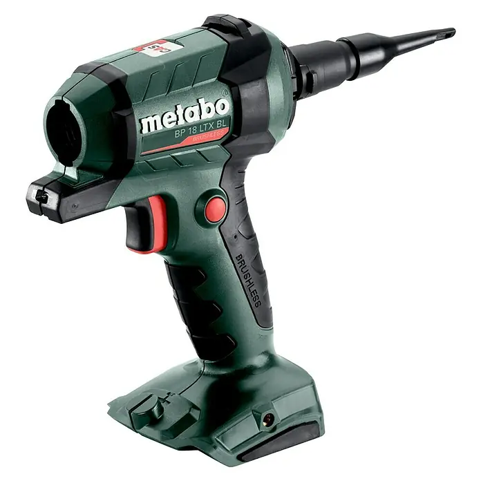 Metabo CAS 18V Akku-Blaspistole BP 18 LTX BL - Ohne Akku, Luftmenge: 0,7 m³/min - Das Bild zeigt eine Metabo BP 18 LTX BL Akku-Kartuschenpresse in Grün und Schwarz, ein Werkzeug für präzises Auspressen von Kartuscheninhalten.