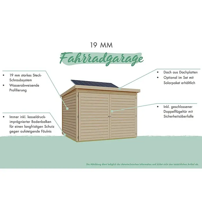 Karibu Fahrradgarage - Außenmaß inkl. Dachüberstand (B x T): 223,5 x 227 cm, Holz, Naturbelassen - Abbildung einer 19 mm Fahrradgarage mit Solarpanel auf dem Dach und Doppelflügeltür, ideal für die sichere Aufbewahrung von Fahrrädern.