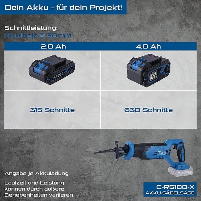 Scheppach IXES 20V Akku-Säbelsäge C-RS100-X - 20 V, Hublänge: 20 mm - Akku-Säbelsäge C-RS100-X von Scheppach. Leistungsstark für Projekte. Schnittkapazität: Rundholz Ø 30 mm, 315/630 Schnitte (2,0/4,0 Ah).