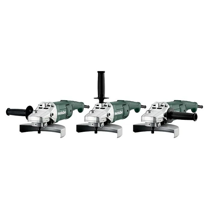 Metabo Elektro-Winkelschleifer WE 2000-230 - 2.000 W, Durchmesser Scheibe: 230 mm, Leerlaufdrehzahl: 6.600 U/min - Drei Metabo Winkelschleifer mit seitlichen Griffen und Staubschutzhauben für Bauarbeiten oder Metallbearbeitung.