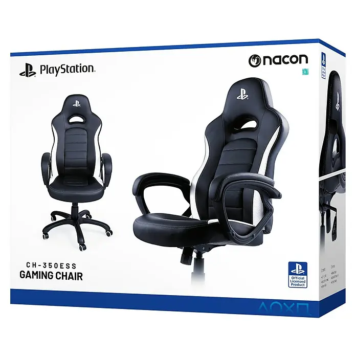 Nacon Silla de oficina licencia PlayStation - Para Gamers, Negro/Blanco, Ruedas - Embalaje del producto para una silla gaming Nacon CH-350ESS con el logotipo de PlayStation. La silla es negra con detalles blancos.