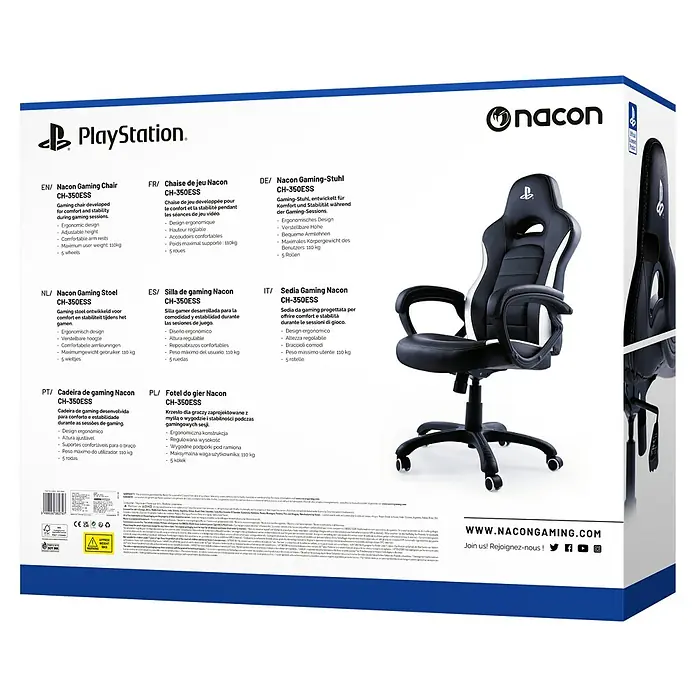 Nacon Silla de oficina licencia PlayStation - Para Gamers, Negro/Blanco, Ruedas - Silla gaming Nacon CH-350ESS: Diseño ergonómico para comodidad y estabilidad en sesiones de juego.