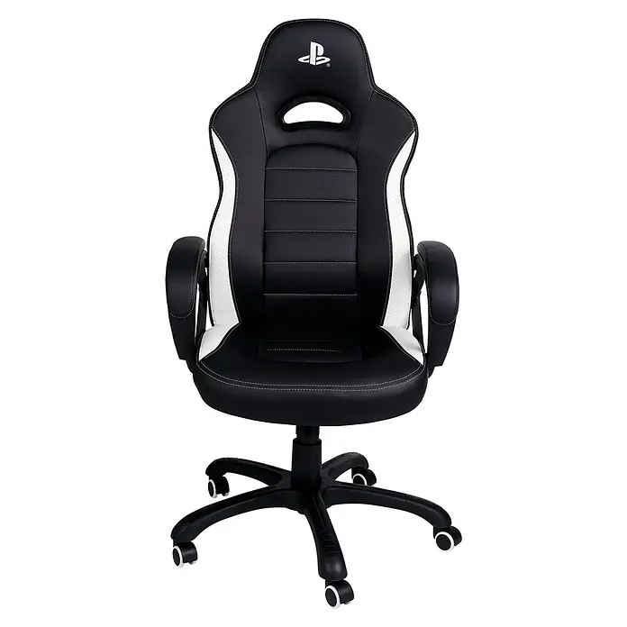 Nacon Silla de oficina licencia PlayStation - Para Gamers, Negro/Blanco, Ruedas - Imagen de una silla gaming negra con detalles blancos y el logo de PlayStation para jugar cómodamente.