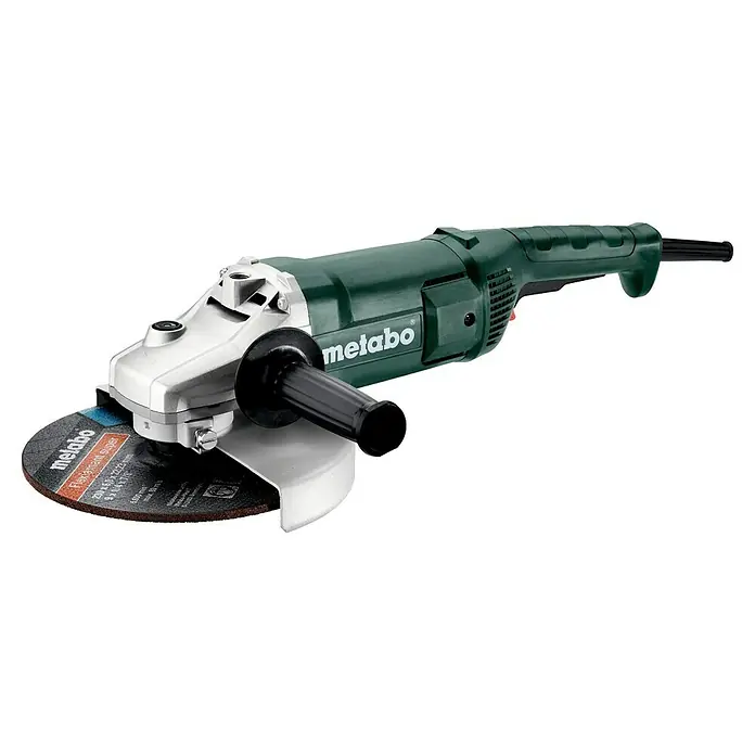 Metabo Elektro-Winkelschleifer WE 2000-230 - 2.000 W, Durchmesser Scheibe: 230 mm, Leerlaufdrehzahl: 6.600 U/min - Hier ist ein Metabo Winkelschleifer mit Scheibe und Zusatzhandgriff, ideal zum Schleifen und Trennen von Materialien.