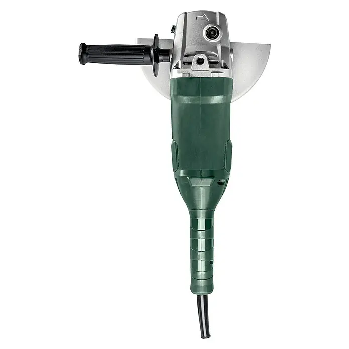 Metabo Elektro-Winkelschleifer WE 2000-230 - 2.000 W, Durchmesser Scheibe: 230 mm, Leerlaufdrehzahl: 6.600 U/min - Abbildung eines grünen Winkelschleifers mit Schutzhaube, Zusatzhandgriff und Stromkabel, der für Schleifarbeiten konzipiert ist.