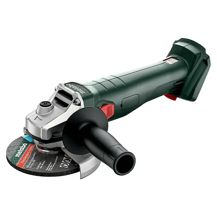 Metabo CAS 18V Akku-Winkelschleifer W 18 7-125 - Ohne Akku, Durchmesser Scheibe: 125 mm - Nahaufnahme eines Metabo Winkelschleifers W18 L 125 mit Schleifscheibe und Handgriff, ideal für Schleifarbeiten.