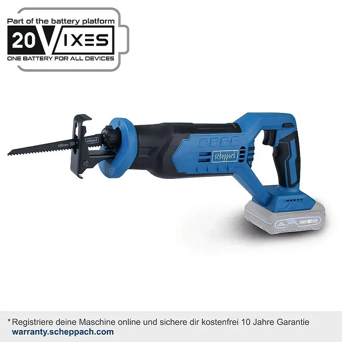 Scheppach IXES 20V Akku-Säbelsäge C-RS100-X - 20 V, Hublänge: 20 mm - Abgebildete Stichsäge von Scheppach, ein leistungsstarkes Werkzeug aus der 20 VIXES Akku-Plattform für flexibles Arbeiten.
