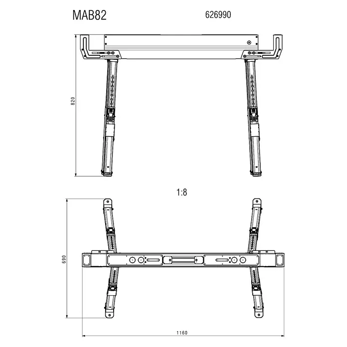 Metabo Arbeitsblock-Set - Stahl, 2 -tlg. - Produktzeichnung eines höhenverstellbaren Tischgestells MAB82 (626990) mit den Maßen 820 x 1160 x 690 mm.