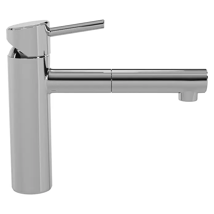Grohe Concetto Spültischarmatur - Chrom, Glänzend, Ausziehbar - Eine Nahaufnahme einer eleganten, verchromten Armatur. Das moderne Design wird durch klare Linien und eine glänzende Oberfläche betont, die das Licht reflektiert.