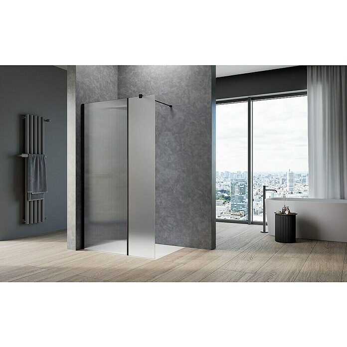 Camargue Meran Mix & Match Duschwand (B x H: 100 x 200 cm, Beschichtet, Schwarz, B: 400mm Wellenglas + B: 570mm Satiniertes Glas) | BAUHAUS