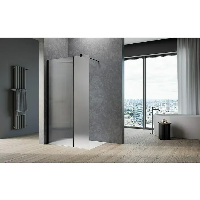 Camargue Meran Mix & Match DuschwandB x H: 140 x 200 cm, Beschichtet, Schwarz, B: 970mm Satiniertes Glas + B: 300mm Wellenglas - Stimmungsaufnahme