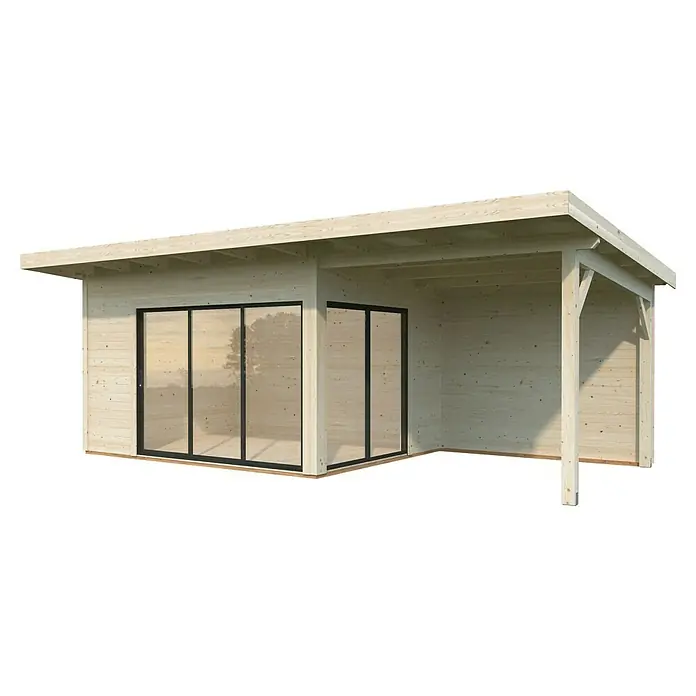 Palmako Gartenhaus Andrea Slide Plus - Außenmaß inkl. Dachüberstand (B x T): 715 x 402 cm, Unbehandeltes Holz, Natur - Ein helles Holzgebäude mit großen Glasfenstern und einem überdachten Außenbereich. Das Gebäude hat ein schlichtes, modernes Design.