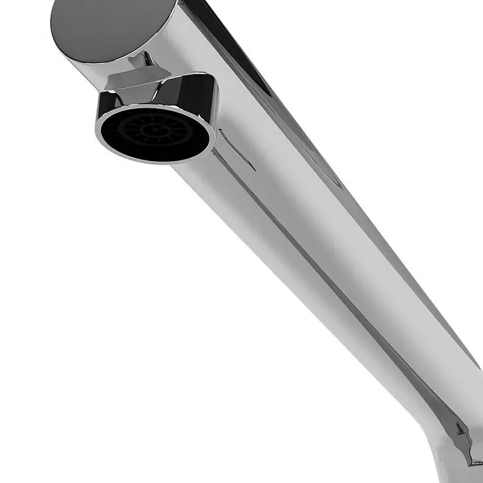 Grohe Spültischarmatur Minta - L-Auslauf, Chrom, Glänzend, Schwenkbar - Nahaufnahme einer eleganten, verchromten Waschtischarmatur mit klaren Linien und einem modernen Design, ideal für ein stilvolles Badezimmer.