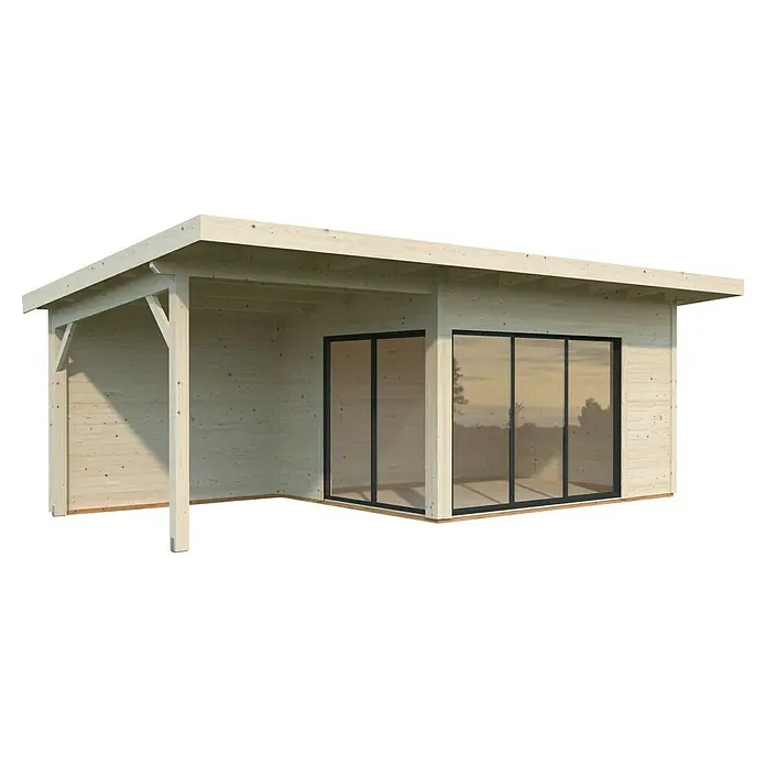 Palmako Gartenhaus Andrea Slide Plus - Außenmaß inkl. Dachüberstand (B x T): 715 x 402 cm, Unbehandeltes Holz, Natur - Dieses Bild zeigt eine moderne Gartenlaube aus hellem Holz mit großen Glasfronten, die einen Blick ins Freie ermöglichen.