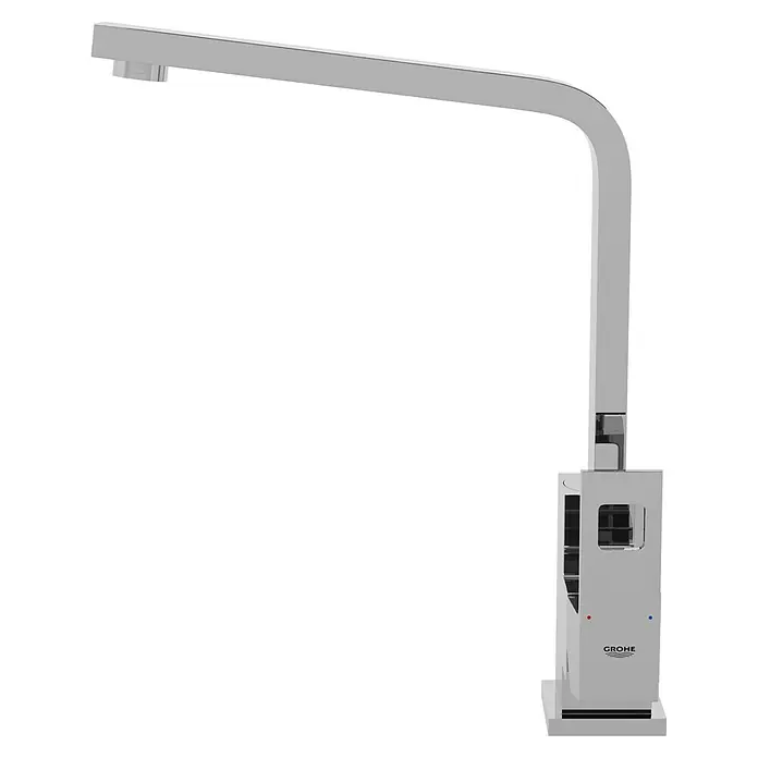 Grohe Eurocube Spültischarmatur - Chrom, Glänzend - Das Bild zeigt eine Grohe Vitalio Fresh Brausegarnitur in Silber. Die Duscharmatur hat eine eckige Form und ist an einer Wand montiert.