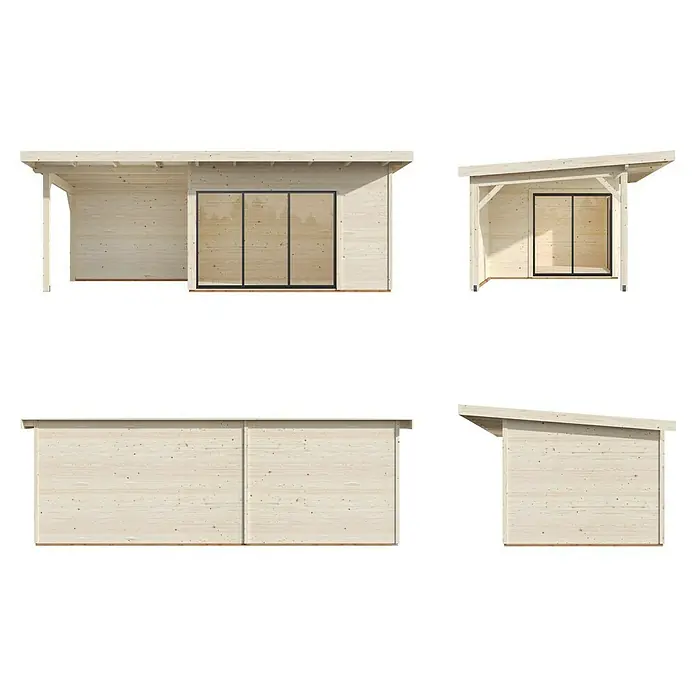 Palmako Gartenhaus Andrea Slide Plus - Außenmaß inkl. Dachüberstand (B x T): 715 x 402 cm, Unbehandeltes Holz, Natur - Abbildung einer modernen Holzgartenlaube mit Glasfront und überdachtem Bereich. Das naturbelassene Holz sorgt für eine warme Atmosphäre.