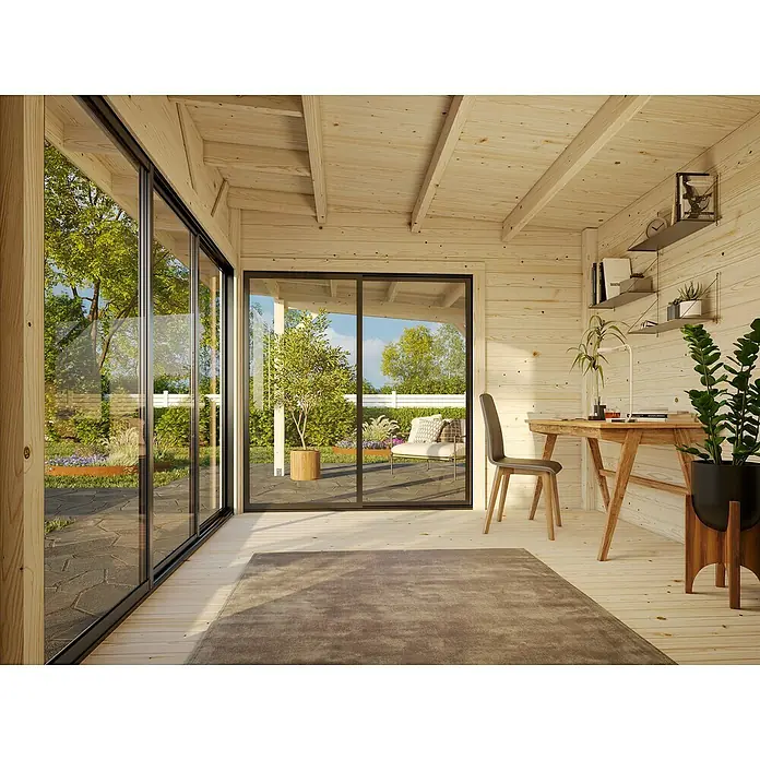 Palmako Gartenhaus Andrea Slide - Außenmaß inkl. Dachüberstand (B x T): 715 x 402 cm, Tauchgrundiertes Holz, Grau - Helle Holzkabine mit großen Glasfenstern und einem grauen Teppich, der eine gemütliche und einladende Atmosphäre schafft.