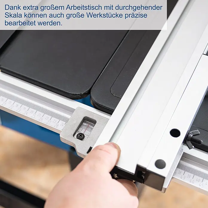 Scheppach Tischkreissäge HS254 - 2.200 W, Durchmesser Sägeblatt: 254 mm, Schnitttiefe bei 90 °: 0 mm - 85 mm - Präziser Arbeitstisch mit Skala für exaktes Bearbeiten großer Werkstücke.