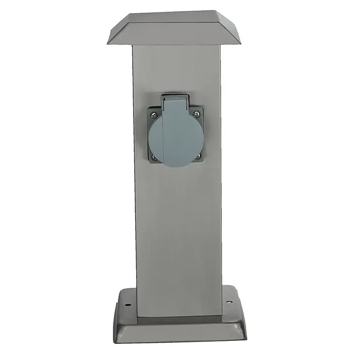 Starlux Gomera Außensteckdosensäule - Anzahl Steckdosen Schuko: 2 Stk. - Eine Nahaufnahme eines grauen Stromanschlusses für den Außenbereich, der an einem stabilen, rechteckigen Gehäuse mit Wetterschutz angebracht ist.