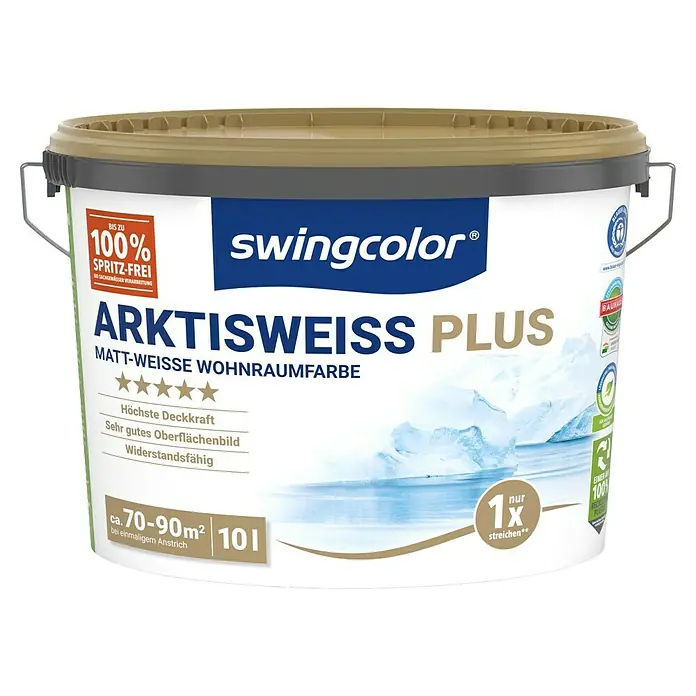 swingcolor Wandfarbe Arktisweiß Plus - Schneeweiß, Matt, 10 l - Eimer Arktisweiss Plus Wandfarbe von Swingcolor. Für Innenräume, matte Oberfläche, hohe Deckkraft, widerstandsfähig. Reichweite ca. 70-90m².