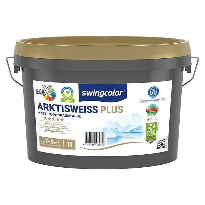 swingcolor Mix Wandfarbe Arktisweiß Plus zum Mischen lassen - Basismischfarbe 4, Matt, 1 l, Konservierungsmittelfrei - Ein grauer Farbeimer "Arktisweiss Plus" von Swingcolor mit goldenem Deckel, ideal für matte Wohnraumfarben, mit hoher Reichweite und Widerstandsfähigkeit.